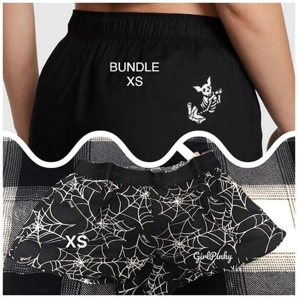vs PINK shorts BUNDLE HALLOWEEN 2023 SPIDER WEB & SPOOKY SKELETON DOGS BOTH XS - Picture 1 of 9